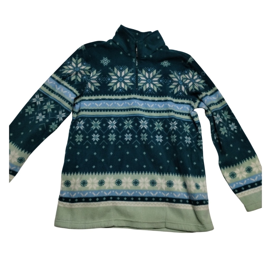 Blair Womens Fleece Quarter Zip Pullover Teal Nordic Snowflake Fair Isle Medium